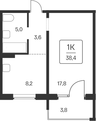 Планировка 1-к. квартира 34.60 м² в ЖК «Квартал Цветной Бульвар»