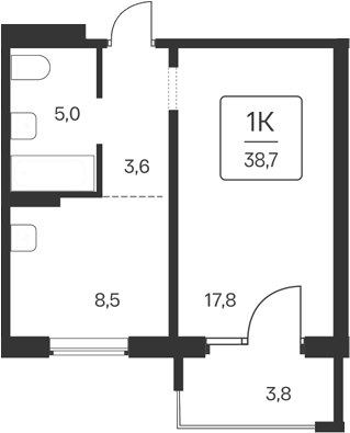 Планировка 1-к. квартира 34.90 м² в ЖК «Квартал Цветной Бульвар»
