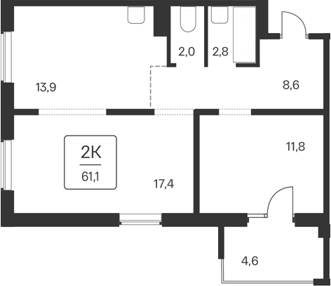 Планировка 2-к.кв 56.50 м² в ЖК «Квартал Цветной Бульвар»