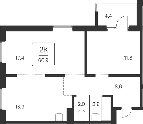Планировка 2-к. квартира 56.50 м² в ЖК «Квартал Цветной Бульвар»
