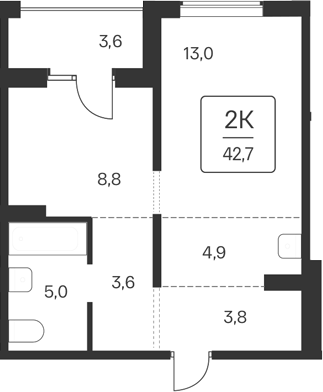 Планировка 1-к. квартира 39.10 м² в ЖК «Квартал Цветной Бульвар»