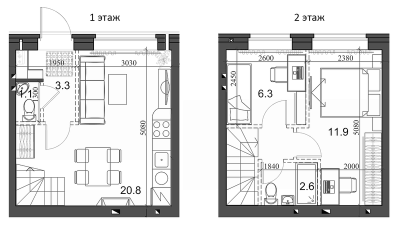 Планировка таунхаус 47.60 м² в ЖК «Коттеджный поселок Березки Садовый»