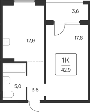 Планировка 1-к. квартира 39.30 м² в ЖК «Квартал Цветной Бульвар»