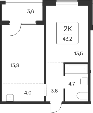 Планировка 1-к. квартира 39.60 м² в ЖК «Квартал Цветной Бульвар»