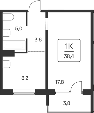 Планировка 1-к. квартира 34.60 м² в ЖК «Квартал Цветной Бульвар»