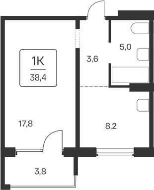 Планировка 1-к. квартира 34.60 м² в ЖК «Квартал Цветной Бульвар»