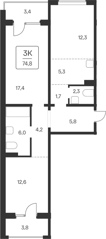 Планировка 2-к. квартира 67.60 м² в ЖК «Квартал Цветной Бульвар»
