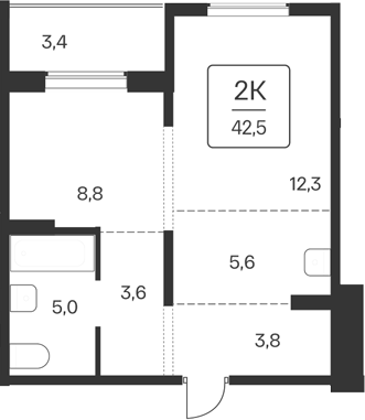 Планировка 1-к. квартира 39.10 м² в ЖК «Квартал Цветной Бульвар»