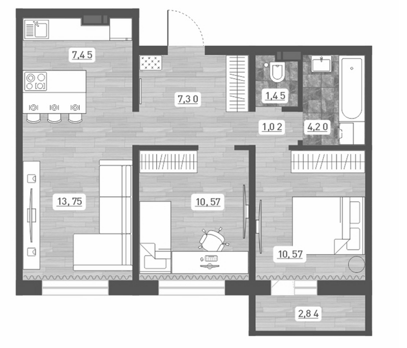 Планировка 3е-к. квартира 56.31 м² в ЖК «Радуга Сибири»