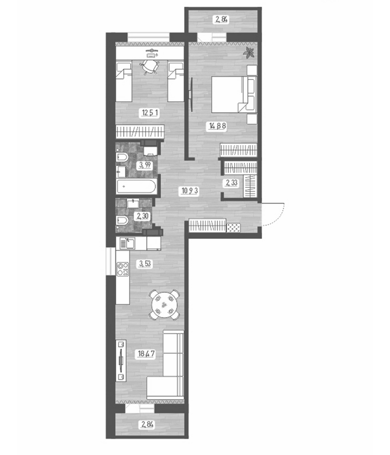 Планировка 3е-к.кв 68.94 м² в ЖК «Радуга Сибири»