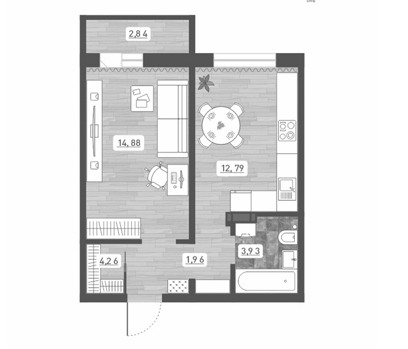 Планировка 1-к.кв 37.82 м² в ЖК «Радуга Сибири»