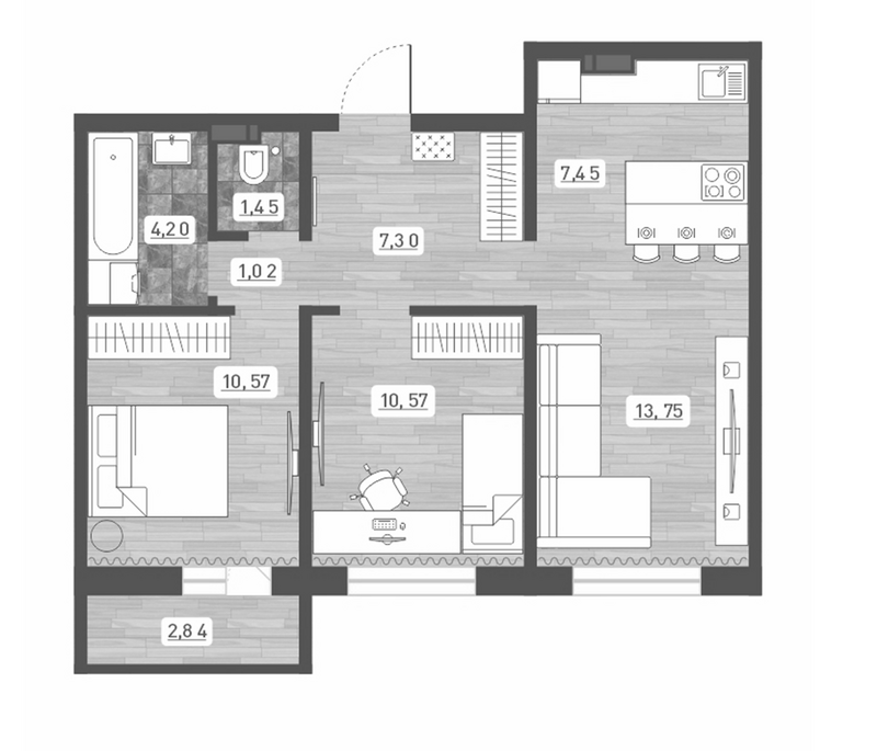 Планировка 3е-к. квартира 56.31 м² в ЖК «Радуга Сибири»