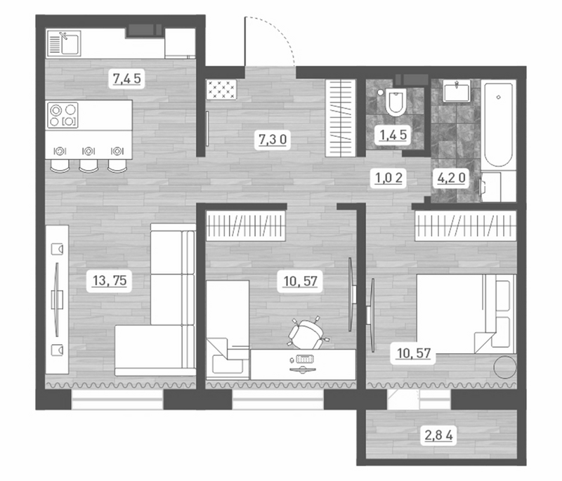 Планировка 3е-к.кв 56.31 м² в ЖК «Радуга Сибири»
