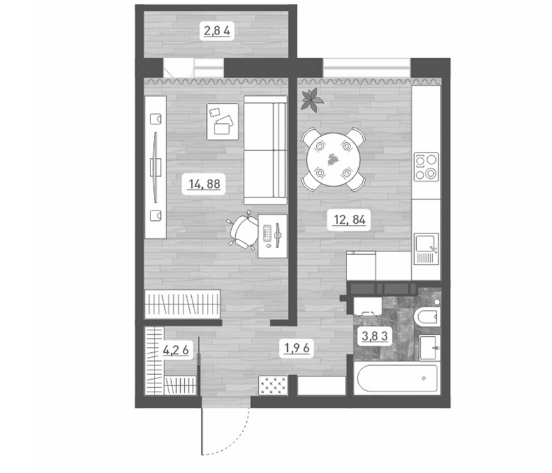 Планировка 1-к. квартира 37.77 м² в ЖК «Радуга Сибири»