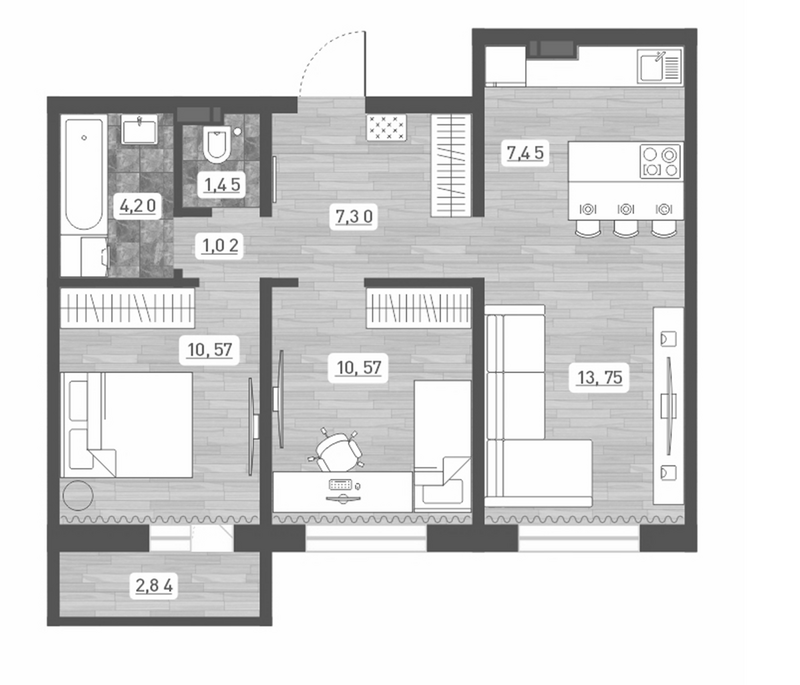 Планировка 3е-к. квартира 56.31 м² в ЖК «Радуга Сибири»