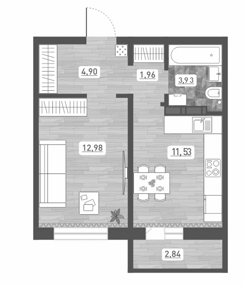 Планировка 1-к. квартира 35.30 м² в ЖК «Радуга Сибири»