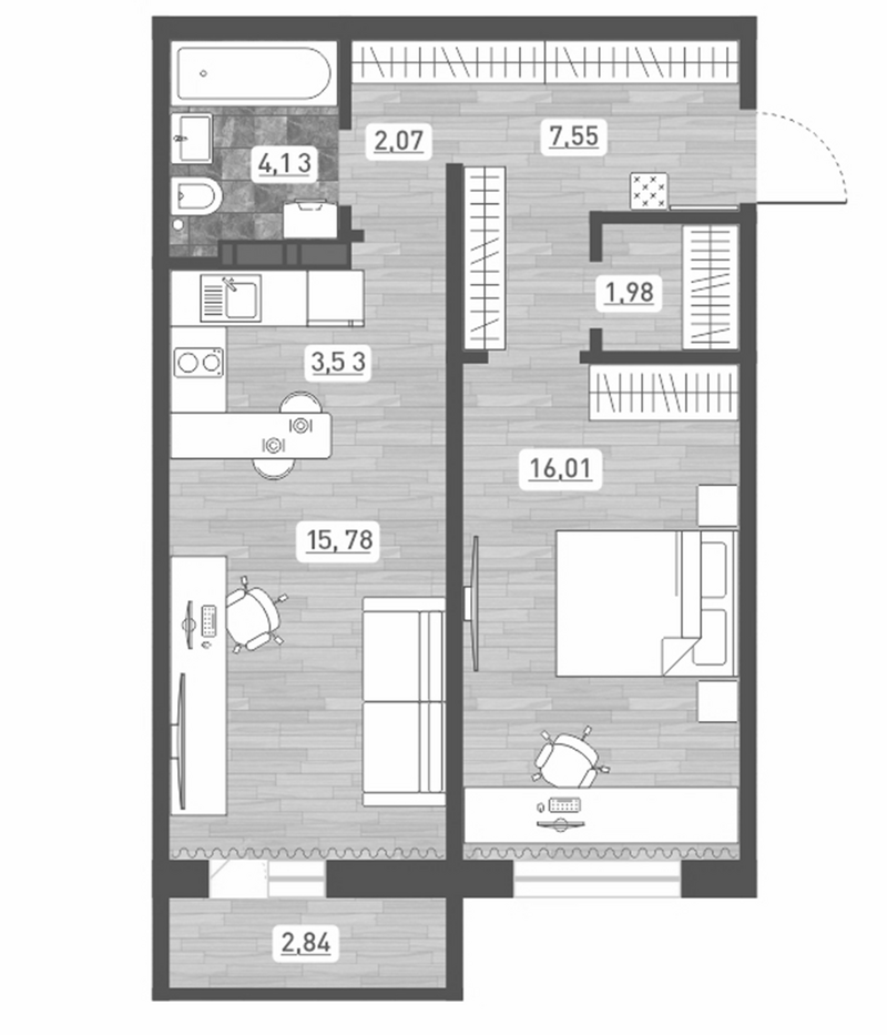Планировка 2е-к.кв 51.05 м² в ЖК «Радуга Сибири»