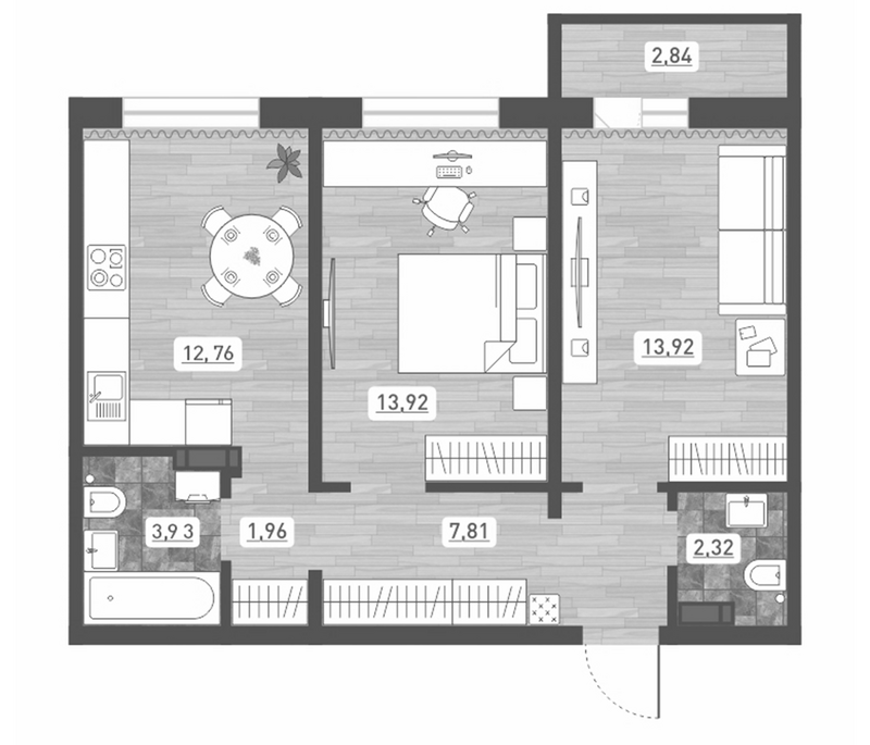 Планировка 2-к. квартира 56.62 м² в ЖК «Радуга Сибири»