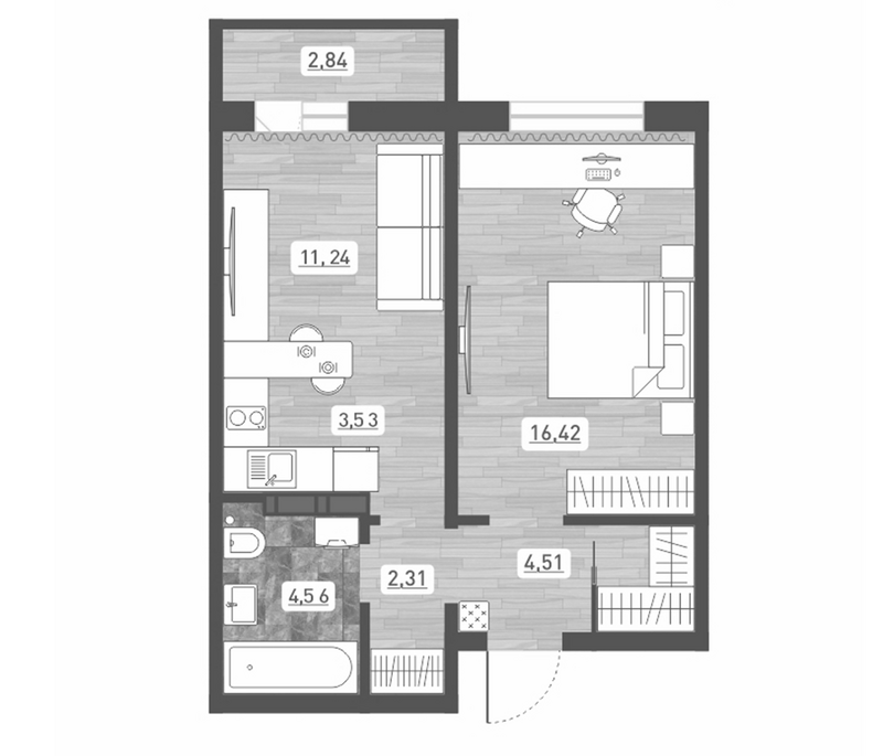 Планировка 2е-к.кв 42.57 м² в ЖК «Радуга Сибири»