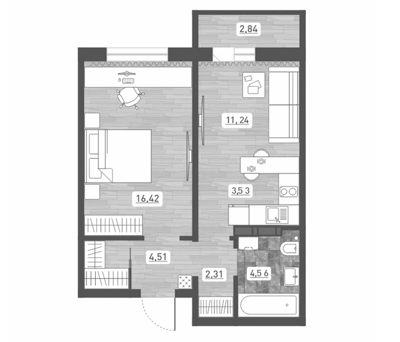 Планировка 2е-к. квартира 42.57 м² в ЖК «Радуга Сибири»