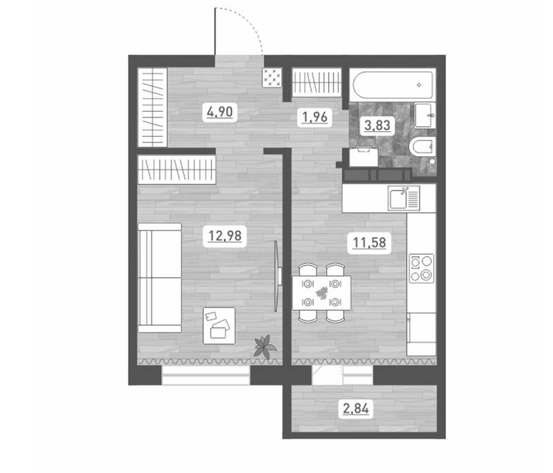 Планировка 1-к.кв 35.25 м² в ЖК «Радуга Сибири»