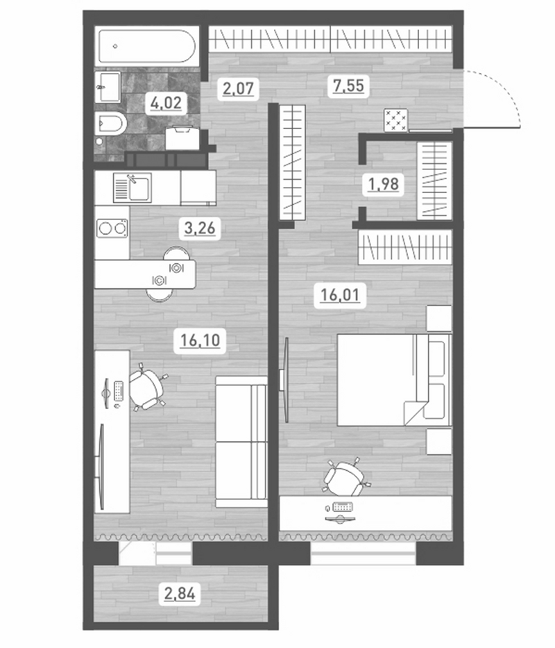 Планировка 2е-к.кв 50.99 м² в ЖК «Радуга Сибири»