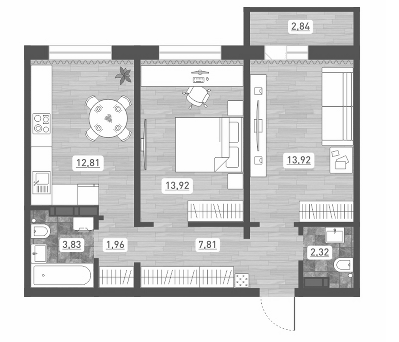 Планировка 2-к.кв 56.57 м² в ЖК «Радуга Сибири»