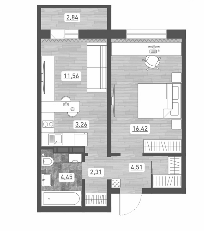 Планировка 2е-к.кв 42.51 м² в ЖК «Радуга Сибири»
