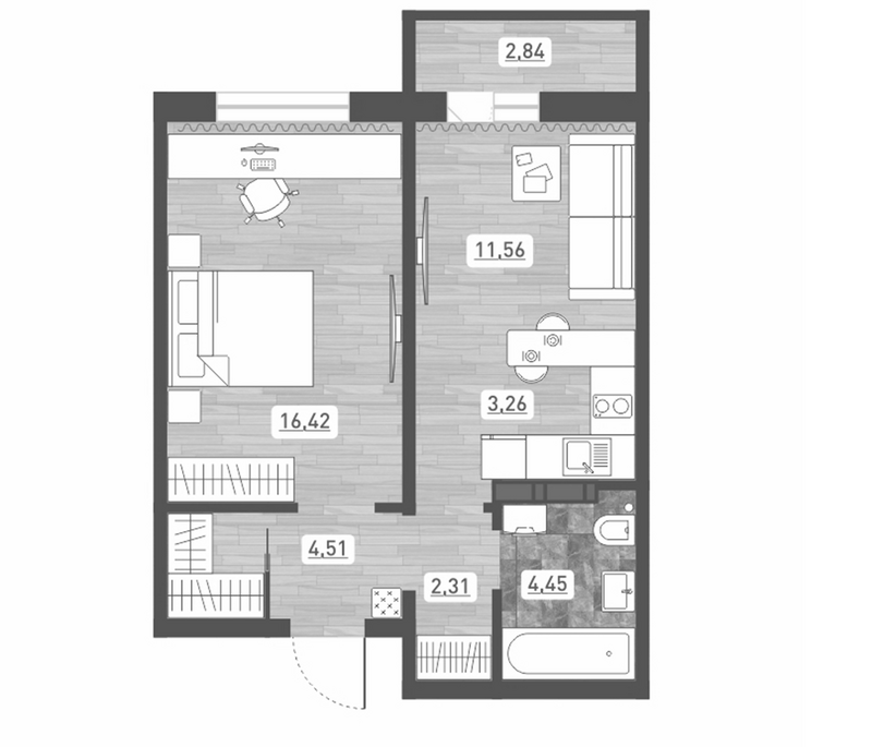 Планировка 2е-к.кв 42.51 м² в ЖК «Радуга Сибири»