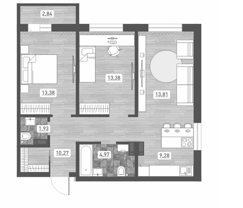 Планировка 3е-к. квартира 67.02 м² в ЖК «Радуга Сибири»