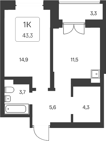 Планировка 1-к. квартира 40.00 м² в ЖК «Расцветай на Кропоткина»