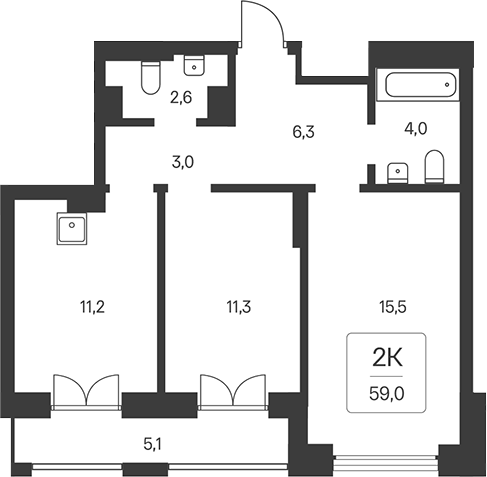 Планировка 2-к. квартира 53.90 м² в ЖК «Расцветай на Кропоткина»