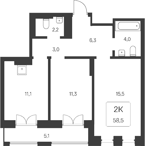 Планировка 2-к. квартира 53.40 м² в ЖК «Расцветай на Кропоткина»