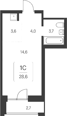 Планировка студия 25.90 м² в ЖК «Расцветай на Кропоткина»