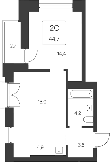 Планировка 2е-к. квартира 42.00 м² в ЖК «Расцветай на Кропоткина»