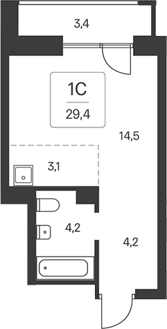Планировка студия 26.00 м² в ЖК «Расцветай на Кропоткина»