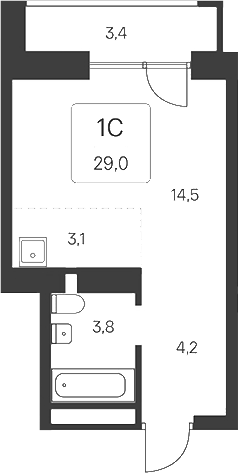 Планировка студии 25.60 м² в ЖК «Расцветай на Кропоткина»