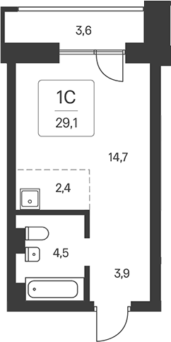 Планировка студия 25.50 м² в ЖК «Расцветай на Кропоткина»