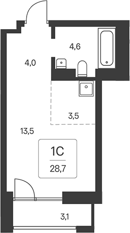 Планировка студии 25.60 м² в ЖК «Расцветай на Кропоткина»