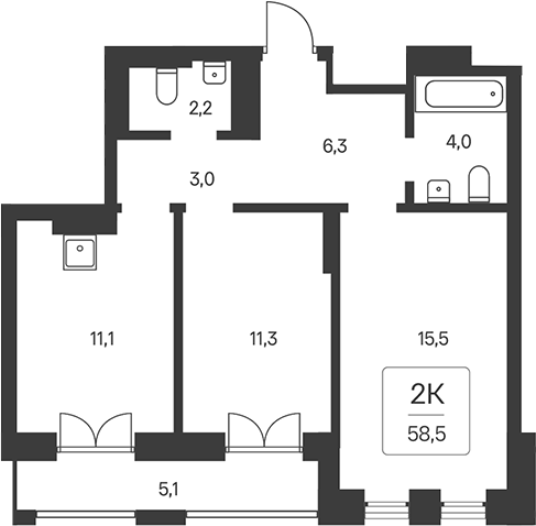 Планировка 2-к. квартира 53.40 м² в ЖК «Расцветай на Кропоткина»