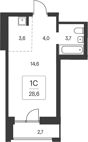Планировка студия 25.90 м² в ЖК «Расцветай на Кропоткина»