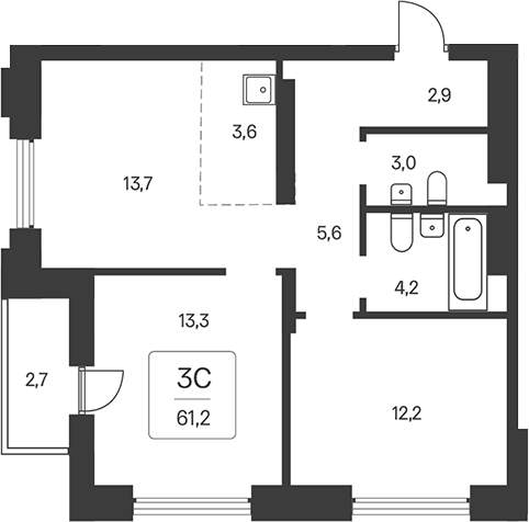 Планировка 3е-к. квартира 58.50 м² в ЖК «Расцветай на Кропоткина»