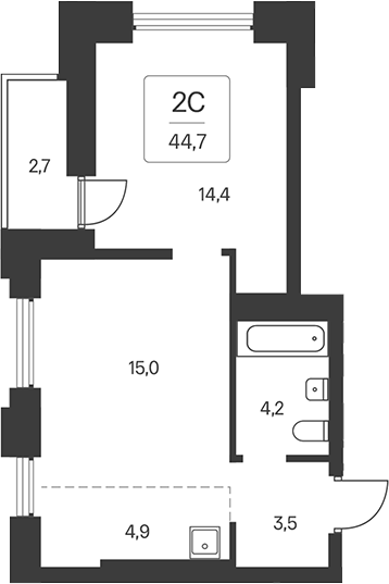 Планировка 2е-к. квартира 42.00 м² в ЖК «Расцветай на Кропоткина»