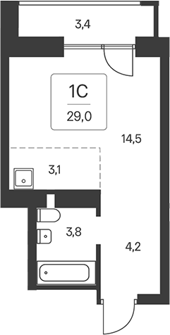 Планировка студии 25.60 м² в ЖК «Расцветай на Кропоткина»