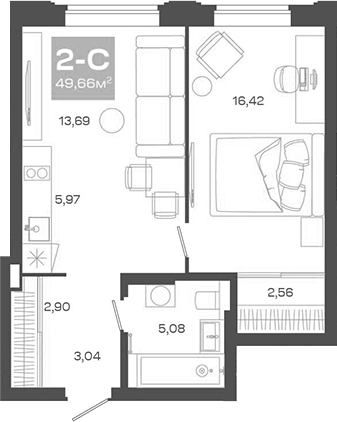 Планировка 2е-к.кв 49.66 м² в ЖК «Пульсар»