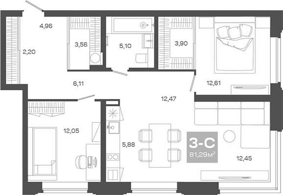 Планировка 3е-к.кв 81.29 м² в ЖК «Пульсар»