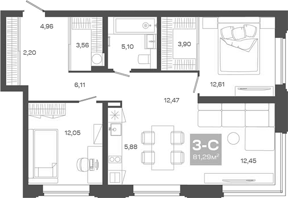 Планировка 3е-к.кв 81.29 м² в ЖК «Пульсар»