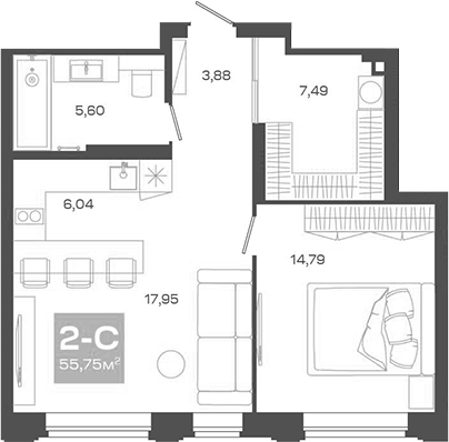 Планировка 2е-к.кв 55.75 м² в ЖК «Пульсар»