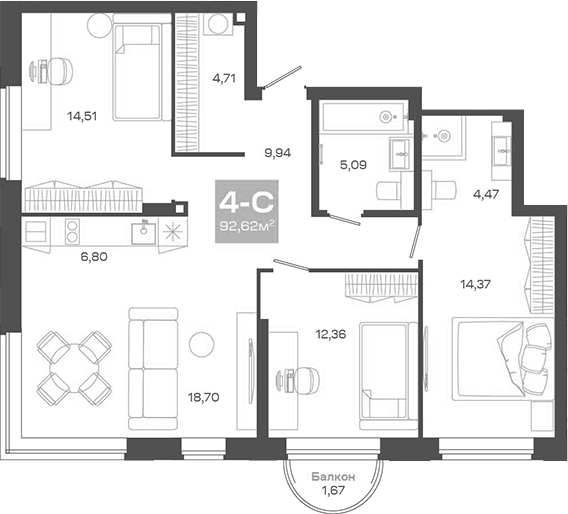 Планировка 4е-к.кв 90.95 м² в ЖК «Пульсар»