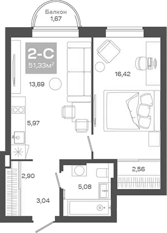 Планировка 2е-к.кв 49.66 м² в ЖК «Пульсар»
